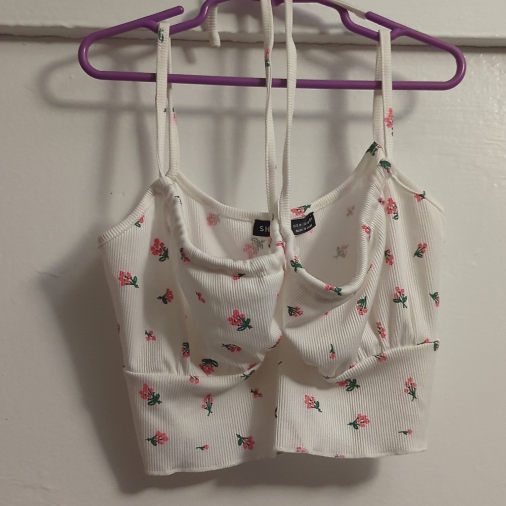 SHEIN White Ribbed Cropped Cami with Pink Floral Print